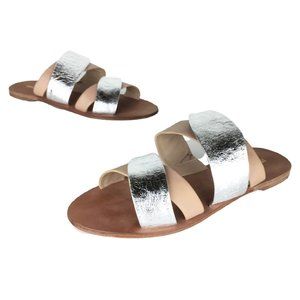 Diane Von Furstenberg Silver and Tan Flat Slide Sandals
